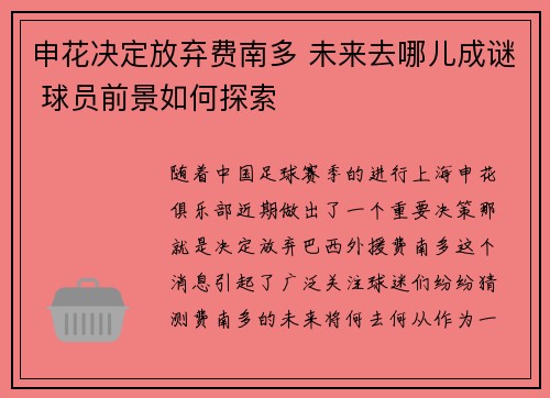 申花决定放弃费南多 未来去哪儿成谜 球员前景如何探索
